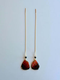 Real Red Cracker Wing Threader Earrings with Black Tourmaline