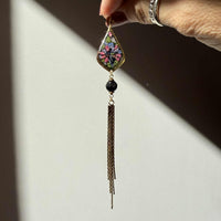 Dark Floral Teardrop with Black Tourmaline and Gold Fringe