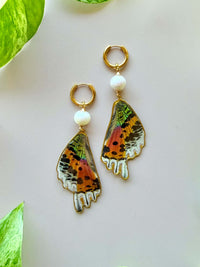 Real Sunset Moth Wing Earrings with Edison Freshwater Pearls
