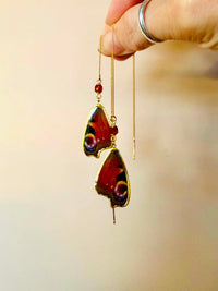 Real Peacock Butterfly Wing & Hessonite Threader Earrings in Gold