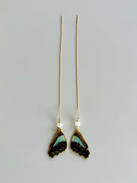 Real Common Bluebottle Butterfly Wing & Moonstone Gold Threader Earrings
