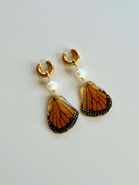 Real Monarch Butterfly Wing Earrings with Edison Pearls