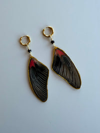 Real Scarlet Mormon Red Swallowtail Butterfly Wing with Black Tourmaline