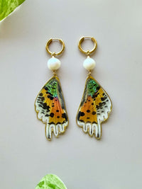Real Sunset Moth Wing Earrings with Edison Freshwater Pearls