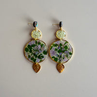 Abalone Studs with Maidenhair Fern & Wildflowers with Gold Leaf Earrings