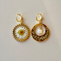 Sun & Moon Earrings with Daisy, Queen Anne’s Lace, & Freshwater Pearl