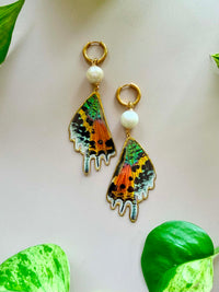 Real Sunset Moth Wing Earrings with Edison Freshwater Pearls