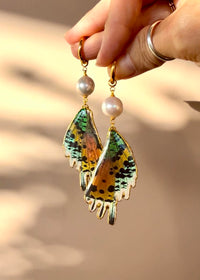 Real Sunset Moth Wing Earrings with Edison Freshwater Pearls