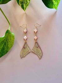 Real Golden Moon Moth Wing Earrings with Pink Diamond Cut Pearls