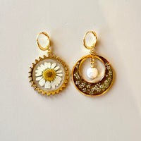 Sun & Moon Earrings with Daisy, Queen Anne’s Lace, & Freshwater Pearl
