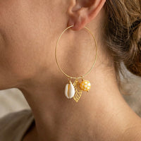 Gold Hoops with Mosaic Shell, Cowrie Shell & Leaf Charm Earrings