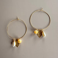 Gold Hoops with Mosaic Shell, Cowrie Shell & Leaf Charm Earrings