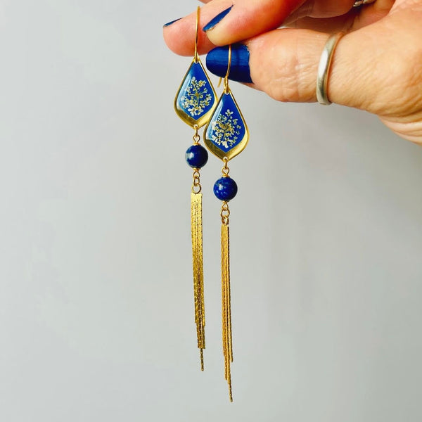Queen Anne's Lace Blue Teardrop with Lapis Lazuli and Gold Fringe