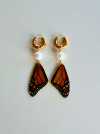 Real Monarch Butterfly Wing Earrings with Edison Pearls