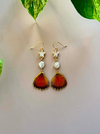 Real Red Lacewing Butterfly Wing Earrings with Freshwater Pearls
