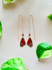 Real Peacock Butterfly Wing & Hessonite Threader Earrings in Gold