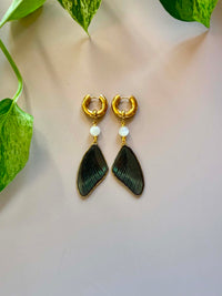 Real Chinese Peacock Swallowtail Butterfly Wing Earrings with Moonstone
