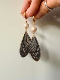 Real Tawny Mime Butterfly Wing Earrings with Edison Pearls
