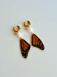 Real Monarch Butterfly Wing Earrings with Edison Pearls