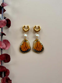 Real Monarch Butterfly Wing Earrings with Freshwater Pearls
