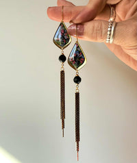 Dark Floral Teardrop with Black Tourmaline and Gold Fringe