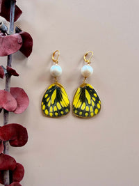 Real Spotted Sawtooth Butterfly Wing Earrings with Pearls