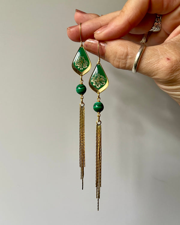 Queen Anne's Lace Green Teardrop with Malachite and Gold Fringe