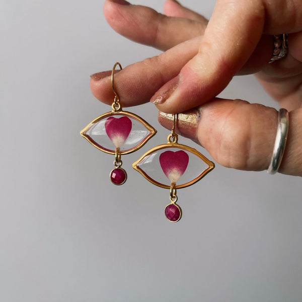 14kt Rose Petal Heart Eyes with Ruby