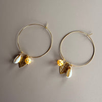 Gold Hoops with Mosaic Shell, Cowrie Shell & Leaf Charm Earrings