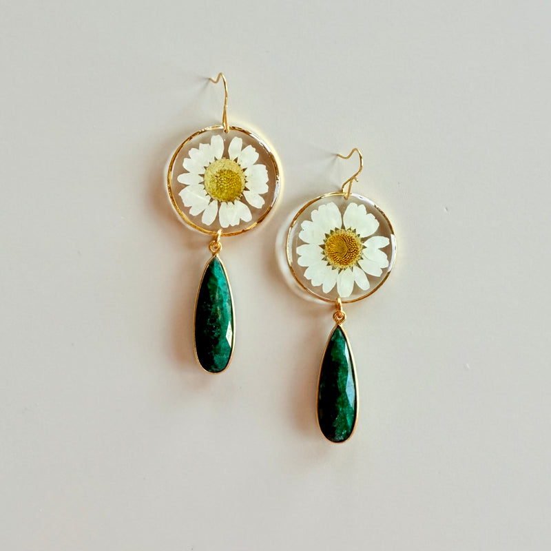 White Daisy and Emerald Quartz Teardrop in Gold Vermeil