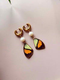 Real Yellow Orange Tip Butterfly Wing Earrings with Edison Freshwater Pearls