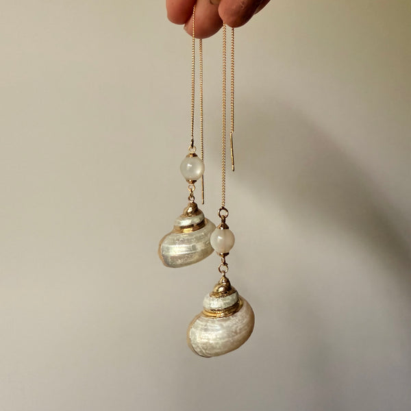 Seashell and Moonstone Gold Threader Earrings
