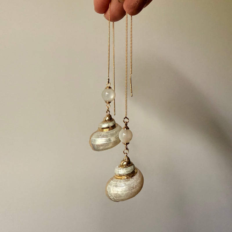 Seashell and Moonstone Gold Threader Earrings
