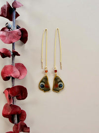 Real Peacock Butterfly Wing & Hessonite Threader Earrings in Gold