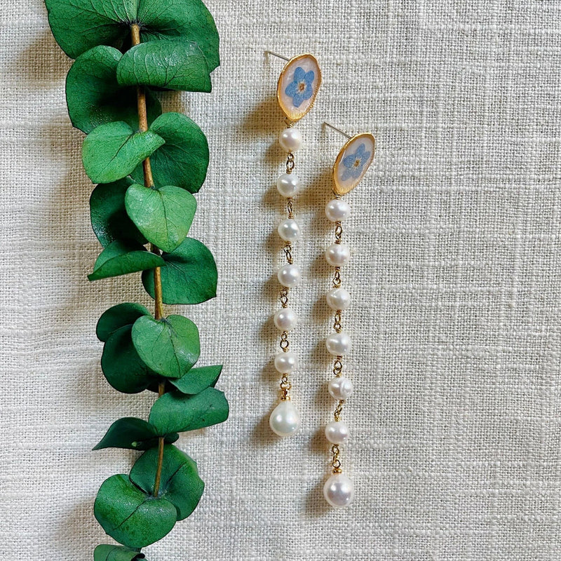 Forget-Me-Not Pearl Lily Pad stud with Freshwater Pearl Strand
