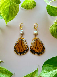 Real Monarch Butterfly Wing Earrings with Freshwater Pearl