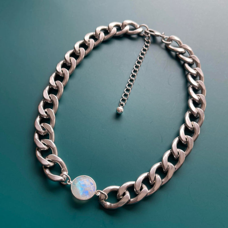 Silver Curb Chain with Moonstone