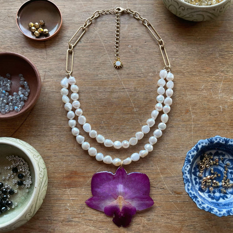 Pressed Orchid Freshwater Pearl Gold Chain Necklace
