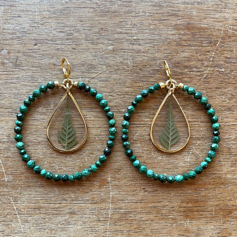 Malachite Beaded Hoops with Fern