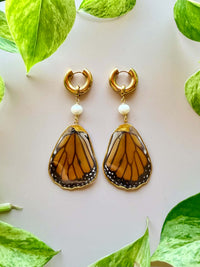 Real Monarch Butterfly Wing Earrings with Freshwater Pearl