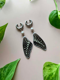 Real Papilio Xuthus Asian Swallowtail Butterfly Wing Earrings with Silver-toned Pearl
