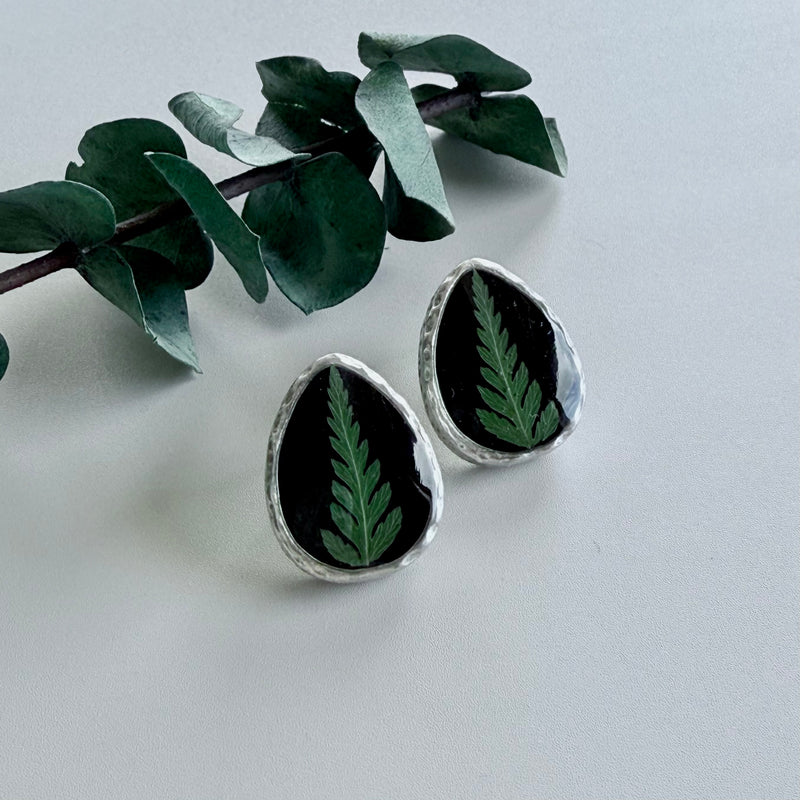 Fern Teardop Studs ~ Silver