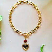 Black Queen Anne’s Lace Heart Toggle Necklace with Ruby