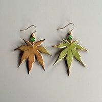 24kt Gold Edged Green Japanese Maple Leaves with Emerald Quartz Crystals
