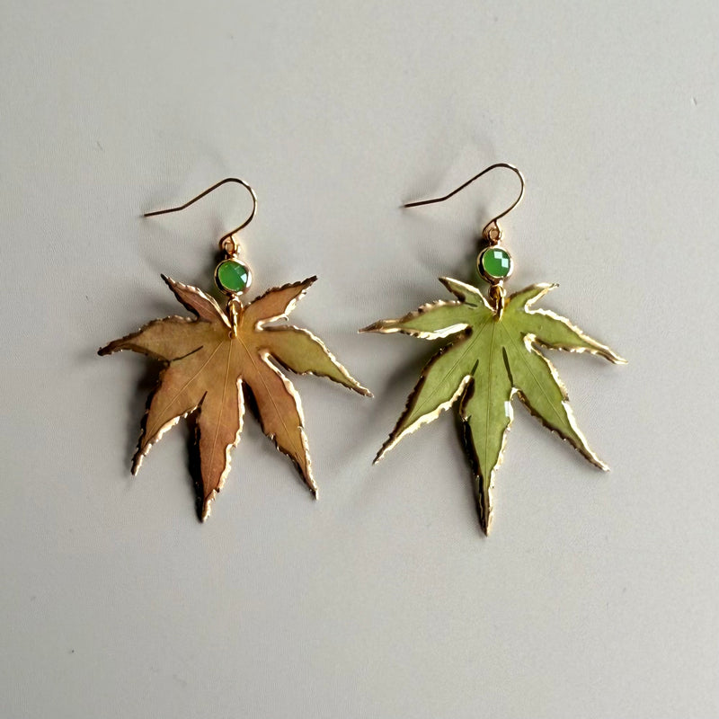 24kt Gold Edged Green Japanese Maple Leaves with Emerald Quartz Crystals