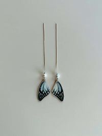 Real Painted Jezebel Butterfly Wing & Silver Pearl Silver Threader Earrings