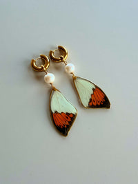 Real Yellow Orange Tip Butterfly Wing Earrings with Edison Freshwater Pearls