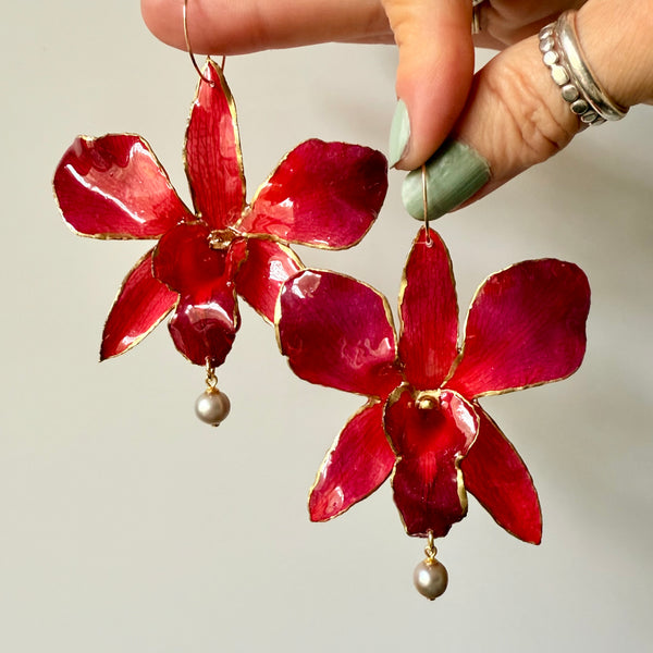 24kt Gold Leaf Edged Red Orchids with Green Freshwater Pearls