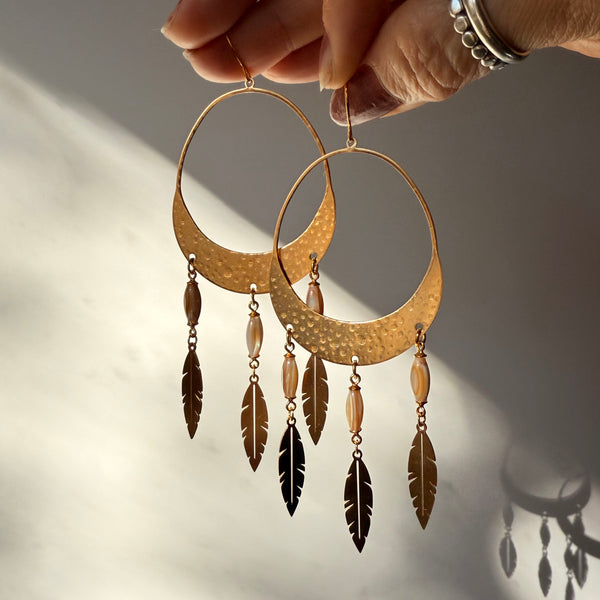 Hammered Hoop Earrings with Shells & Feathers