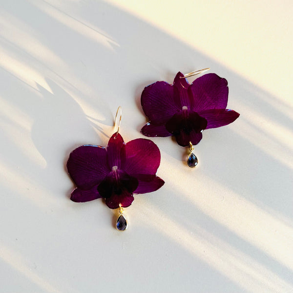 Pressed Deep Purple Orchids with Amethyst Drops